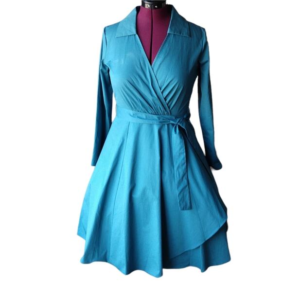 MoDa of New York Turquoise Retro Style Wrap Dress XL new w/imperfection DressV - Picture 16 of 16